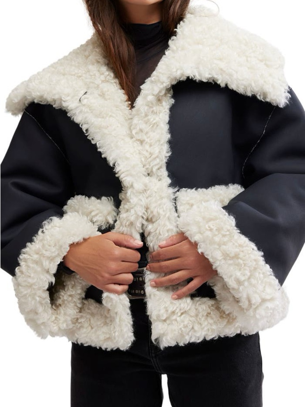Free People Kiki Faux Leather Jacket with High Pile Fleece Trim